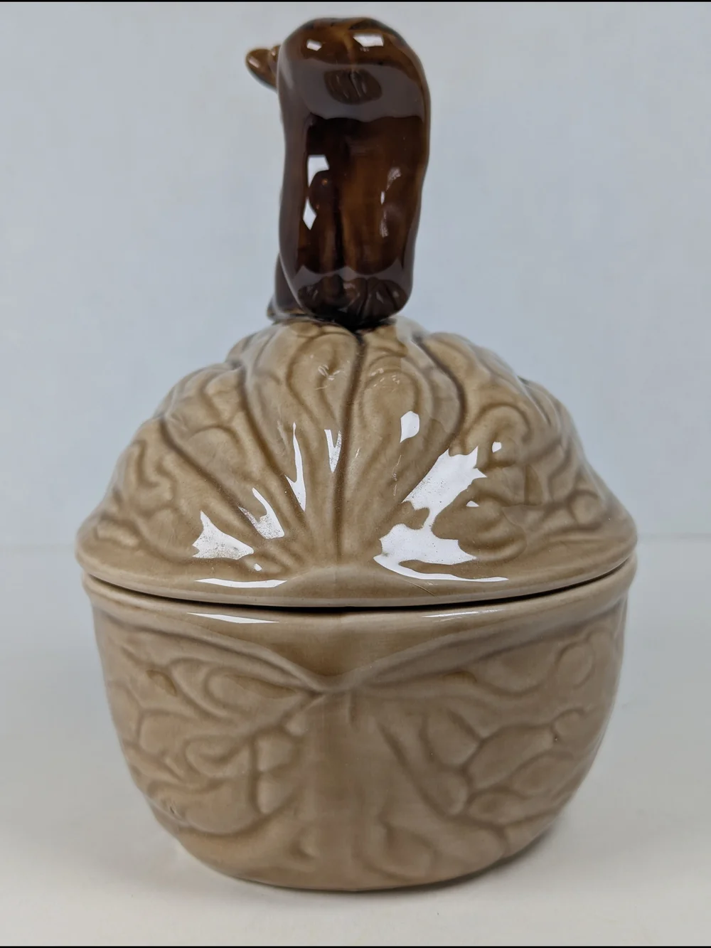 Vintage MCM Ceramic Squirrel on Walnut Acorn Candy Nut Dish Bowl